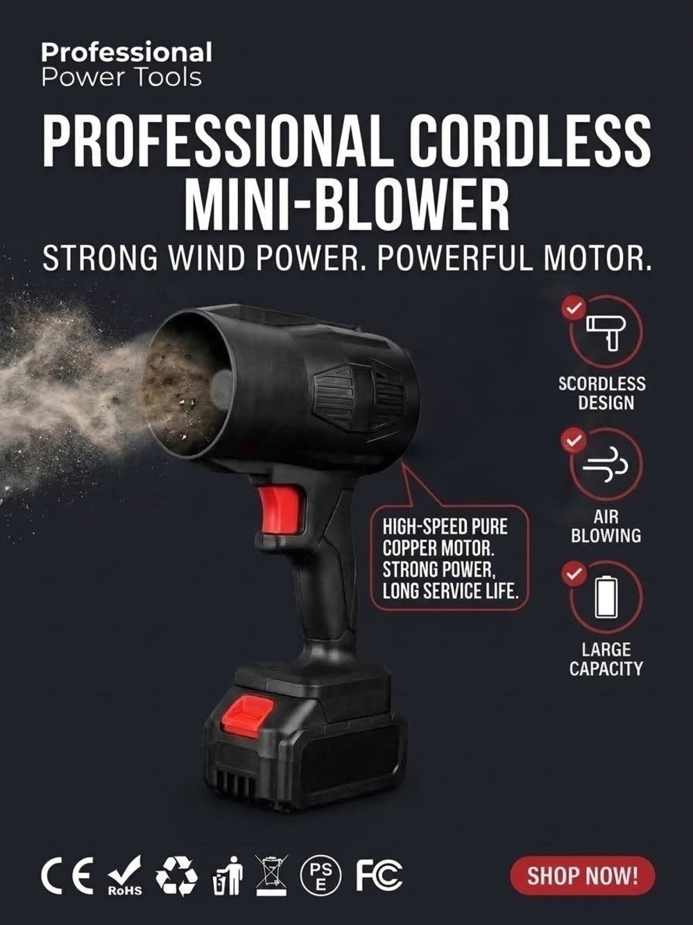 Cordless Air / Leaf Blower Handheld  Professional Power Tool High Speed Copper